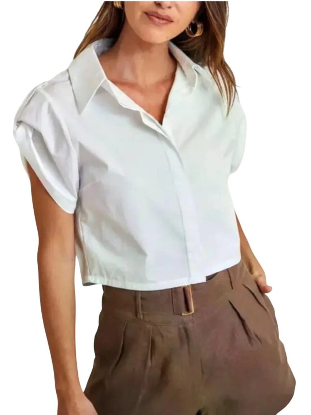 Hevron Mint Green Emma Cuff Sleeve Crop Button Shirt Womens Size Small